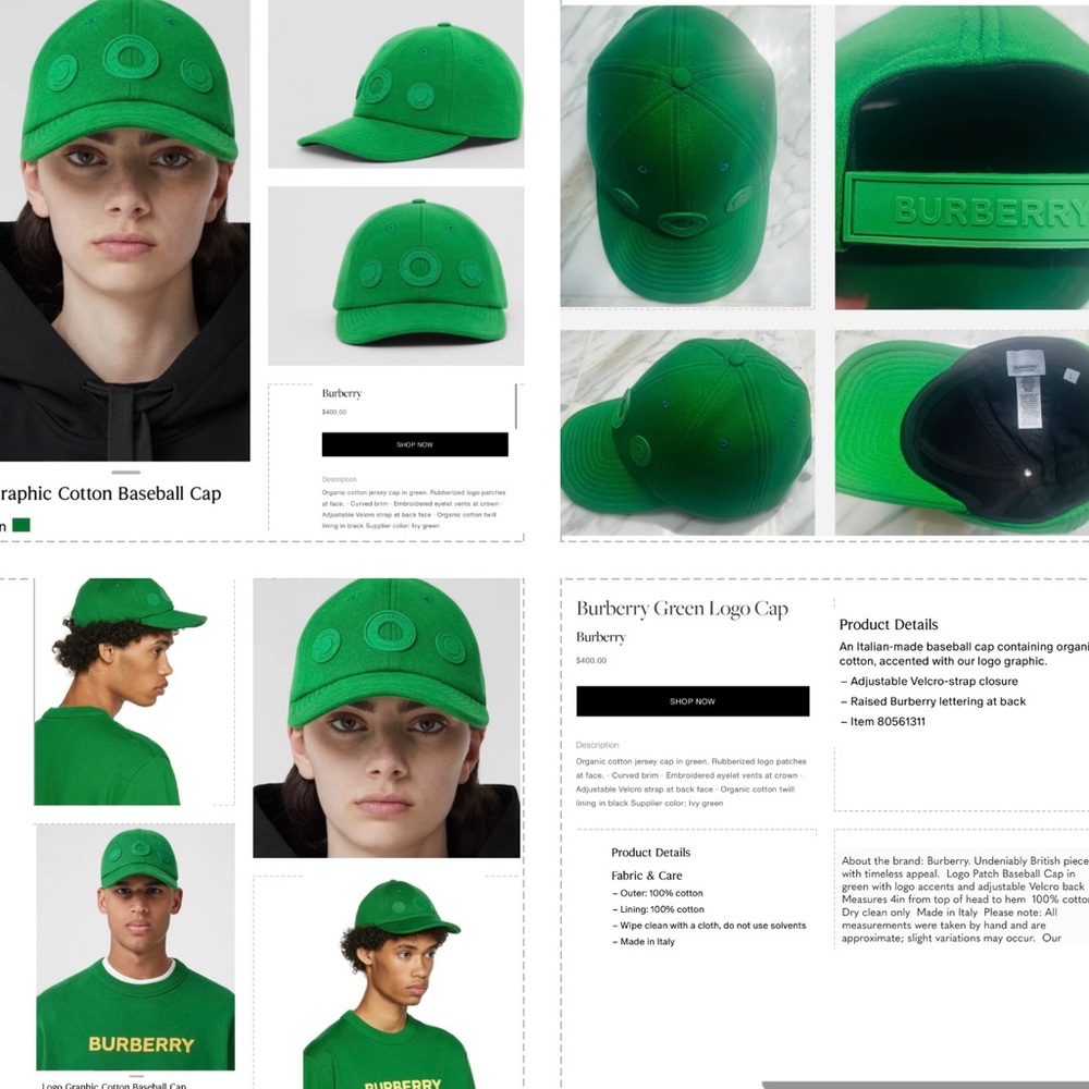 BURBERRY 2024 IVY COLOR “GREEN” RUBBERIZED LOGO PATCHES BASEBALL CAP, NWOT